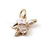 Brass Micro Pave Cubic Zirconia Pendants, with Enamel & Plastic Pearl, Flower Charms, Clear, Golden, 10x15x4.5mm, Hole: 4mm(KK-H274-01G)
