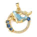 Brass Micro Pave Blue Cubic Zirconia Pendants, with Enamel, Whale Shape Charms, Golden, 21.5x22x6mm, Hole: 4x2.5mm(KK-E803-03G)