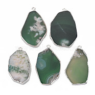 Natural Cherry Blossom Agate Pendants, with Light Gold Plated Iron Findings, Dyed & Heated, Nuggets, Dark Green, 46~57x29.5~35x6~7mm, Hole: 2mm(G-N326-125-01S)