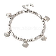 304 Stainless Steel Shell Charm Bracelet with 201 Stainless Steel Round Beads for Women, Stainless Steel Color, 8-5/8 inch(22cm)(BJEW-B057-17P)