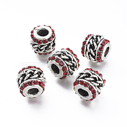 Alloy European Beads, Large Hole Beads, with Rhinestone, Column, Light Siam, Antique Silver, 12.5x10.5mm, Hole: 4.5mm(RB-O039-01AS)