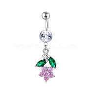 Brass Cubic Zirconia Navel Ring, Belly Rings, with 304 Stainless Steel Bar, Cadmium Free & Lead Free, Flower, Lilac, 45mm, Bar: 15 Gauge(1.5mm), Bar Length: 3/8"(10mm)(AJEW-EE0004-33A)