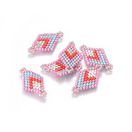 MIYUKI & TOHO Handmade Japanese Seed Beads Links, Loom Pattern, Rhombus, Pink, 23~24x13~14x1.7mm, Hole: 1.5mm(SEED-A029-AA08)