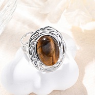 Oval Natural Tiger Eye Finger Rings, 304 Stainless Steel Cuff Rings for Women, Stainless Steel Color, oval: 22x17.5mm, Adjustable(RJEW-M063-01P-13)