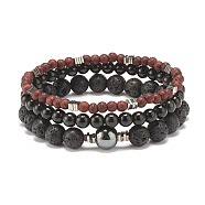 Natural Wood Beads Stretch Bracelets Set, Natural Lava Rock & Obsidian & Synthetic Hematite Beads Stone Bracelets for Men Women, Inner Diameter: 2-3/8 inch(6.1cm), 3pcs/set(BJEW-JB07344)