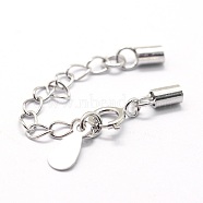 925 Sterling Silver Cord Ends, with Extender Chains, Teardrop Charms and Spring Ring Clasps, Platinum, 47mm, 5.3x7x1mm(STER-I016-129D)