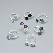 Adjustable Natural Gemstone Finger Rings, with Brass Findings, Flat Round, Silver Color Plated, Silver, Size 7~Size 8, 17~19mm(RJEW-L089-01S)