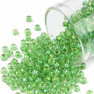 TOHO Round Seed Beads, Japanese Seed Beads, (184) Inside Color Luster Crystal/Spearmint Lined, 8/0, 3mm, Hole: 1mm, about 220pcs/10g(X-SEED-TR08-0184)