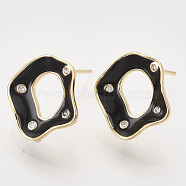 Brass Micro Pave Cubic Zirconia Stud Earring Findings, Enamel and Loop, Nickel Free, Real 18K Gold Plated, Black, 15.5x15mm, Hole: 0.8mm, Pin: 0.7mm(KK-T054-35G-01-NF)
