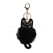 Cute Cat PU Leather & Imitate Rex Rabbit Fur Ball Keychain, with Alloy Clasp, for Bag Car Key Decoration, Black, 18cm(KEYC-C005-01C)