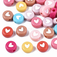 Opaque Acrylic Beads, with Enamel, Flat Round with Heart, Mixed Color, 6.5x7x4mm, Hole: 1.6mm, about 3600~3700pcs/500g(MACR-N008-51-B01)