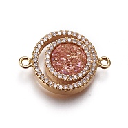 Brass Micro Pave Cubic Zirconia Links connectors, with Natural Druzy Quartz, Flat Round, Golden, Light Salmon, 20~22x14.5~15.5x3.5~4mm, Hole: 1.2mm(G-P421-A03)