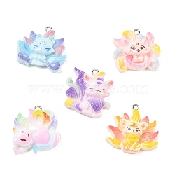 Opaque Resin with Alloy Pendants, Nine-Tailed Fox Charms, Platinum, Mixed Color, 25~28x24.5~28x7.5~9mm, Hole: 2mm(RE-CBA14F0-01)