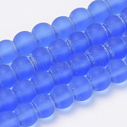 Transparent Glass Beads Strands, Frosted, Round, Royal Blue, 4x3mm, Hole: 1mm, about 80pcs/strand, 9.4 inch(GLAA-Q064-08-4mm)