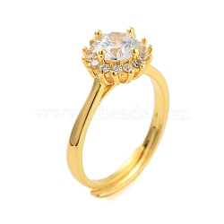 Clear Cubic Zirconia Adjustable Rings, Brass Solitaire Rings for Women, Real 24K Gold Plated, US Size 6 1/2(16.9mm), Flower: 9.8mm(RJEW-L120-018G-04)