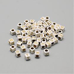 Plating Acrylic Beads, Golden Metal Enlaced, Horizontal Hole, Mixed Letters, Cube, Letter, 5.5~6x5.5~6x5.5~6mm, Hole: 3.5mm, about 3000pcs/500g(SACR-S297-09)