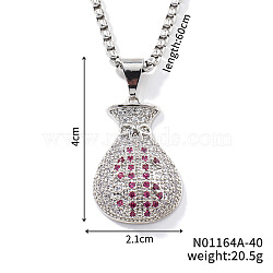 Fashion Hip-hop Street Style Brass Old Rose & Clear Cubic Zirconia Money Bag Pendant Box Chain Necklaces, Platinum, 23.62 inch(60cm)(DR5098-1)