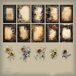Flower Scrapbook Paper Pads & PET Stickers Set, for DIY Album Scrapbook, Background Paper, Diary Decoration, Gold, 140x100mm, 30pcs/set(PW-WG19486-06)