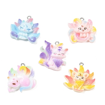 Opaque Resin with Alloy Pendants, Nine-Tailed Fox Charms, Platinum, Mixed Color, 25~28x24.5~28x7.5~9mm, Hole: 2mm