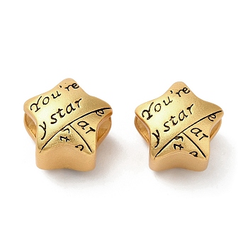 Rack Plating Brass European Beads, Large Hole Beads, Long-Lasting Plated, Matte Style, Star with Word, Antique Golden, 11.5x11x9.5mm, Hole: 4.5mm