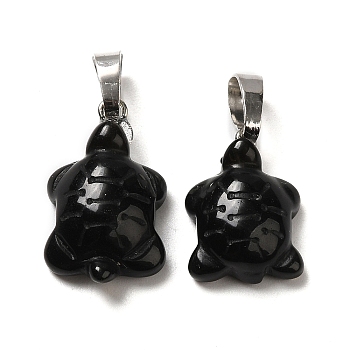 Natural Obsidian Pendants, Tortoise Charms, with Rack Plating Platinum Plated Brass Snap on Bails, 17~22x12.5~13.5x6~6.5mm, Hole: 8x5mm