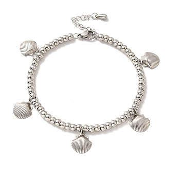 304 Stainless Steel Shell Charm Bracelet with 201 Stainless Steel Round Beads for Women, Stainless Steel Color, 8-5/8 inch(22cm)