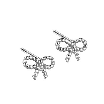 Anti-Tarnish Rhodium Plated Rope Bowknot 999 Sterling Silver Stud Earrings for Women, with 999 Stamp, Platinum, 6x9mm