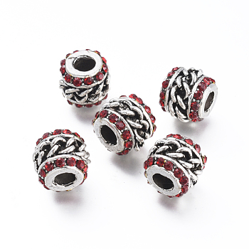 Alloy European Beads, Large Hole Beads, with Rhinestone, Column, Light Siam, Antique Silver, 12.5x10.5mm, Hole: 4.5mm