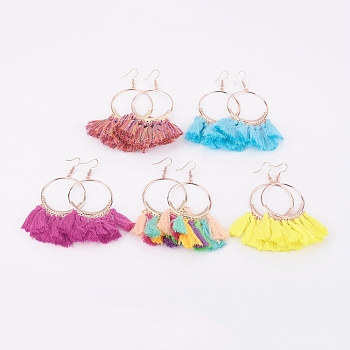 Iron Dangle Earrings, with Iron Findings and Nylon Tassel, Ring, Mixed Color, 92mm, Pin: 0.7mm