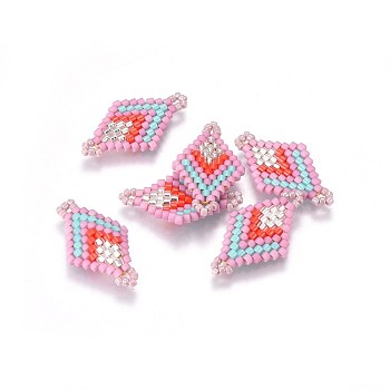 MIYUKI & TOHO Handmade Japanese Seed Beads Links, Loom Pattern, Rhombus, Pink, 23~24x13~14x1.7mm, Hole: 1.5mm