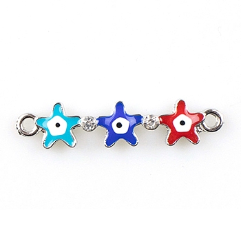 Alloy Enamel Connector Charms, with Crystal Rhinestone, Triple Star Links with Evil Eye, Platinum, Colorful, 8x34mm