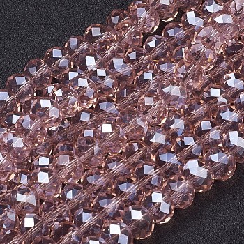Glass Beads Strands, Pearl Luster Plated, Crystal Suncatcher, Faceted Rondelle, Dark Salmon, 10x7mm, Hole: 1mm, about 70~72pcs/strand, 18 inch