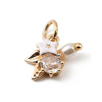 Brass Micro Pave Cubic Zirconia Pendants, with Enamel & Plastic Pearl, Flower Charms, Clear, Golden, 10x15x4.5mm, Hole: 4mm