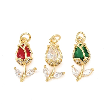 Brass Micro Pave Clear Cubic Zirconia Pendants, Flower Charms, Long-Lasting Plated, Rack Plating, Lead Free & Cadmium Free, Golden, Mixed Color, 20x9.5x5mm, Jump Ring: 5x1mm, Inner Diameter: 3mm