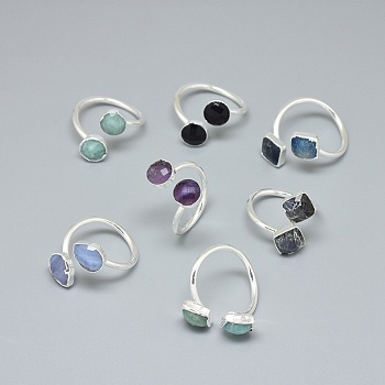 Adjustable Natural Gemstone Finger Rings, with Brass Findings, Flat Round, Silver Color Plated, Silver, Size 7~Size 8, 17~19mm