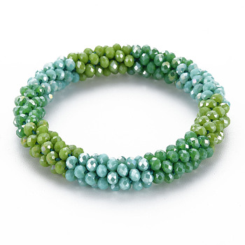 Crochet Glass Beads Braided Stretch Bracelet, Women's Nepel Handmade Jewelry, Green, Inner Diameter: 1-5/8 inch(4.2cm)