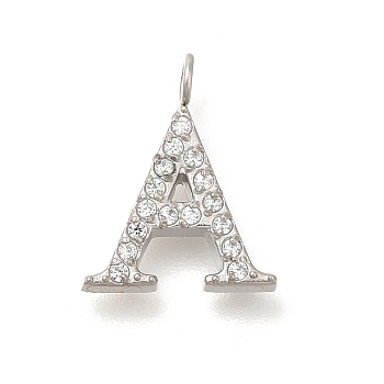 304 Stainless Steel Micro Pave Cubic Zirconia Pendants, Letter A~Z Charms, Letter A, 13x10.5x2mm, Hole: 2mm