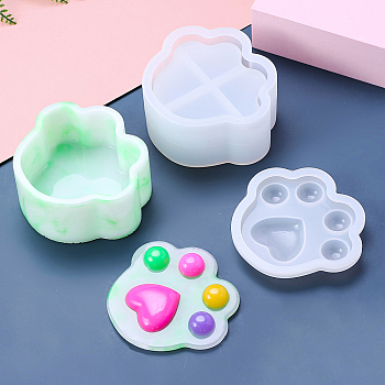 DIY Food Grade Silicone Paw Print Storage Box Molds, Resin Casting Molds, for UV Resin, Epoxy Resin Craft Making, White, 82x93~94x13~43mm