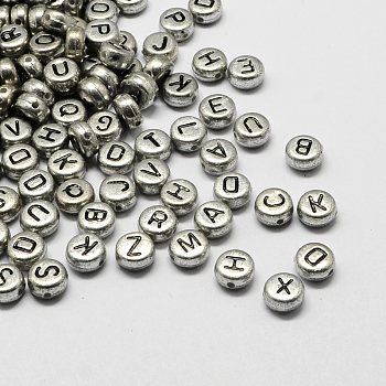 Cheriswelry Silver Plated Acrylic Letter Beads, Flat Round, Letter, 7x4mm, Hole: 1.3mm
