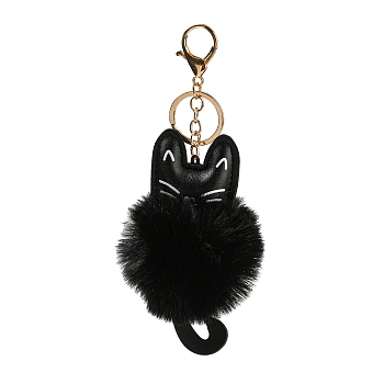 Cute Cat PU Leather & Imitate Rex Rabbit Fur Ball Keychain, with Alloy Clasp, for Bag Car Key Decoration, Black, 18cm