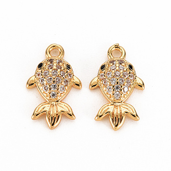 Brass Micro Pave Clear Cubic Zirconia Charms, Nickel Free, Goldfish, Real 18K Gold Plated, 14x8.5x3mm, Hole: 1.2mm