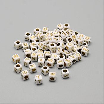 Plating Acrylic Beads, Golden Metal Enlaced, Horizontal Hole, Mixed Letters, Cube, Letter, 5.5~6x5.5~6x5.5~6mm, Hole: 3.5mm, about 3000pcs/500g