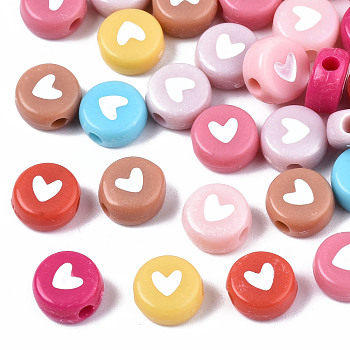 Opaque Acrylic Beads, with Enamel, Flat Round with Heart, Mixed Color, 6.5x7x4mm, Hole: 1.6mm, about 3600~3700pcs/500g