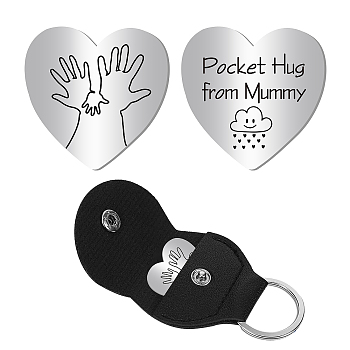 1Pc Heart Shape 201 Stainless Steel Commemorative Decision Maker Coin, Pocket Hug Coin, with 1Pc PU Leather Storage Pouch, Cloud Pattern, Heart: 26x26x2mm, Clip: 105x47x1.3mm