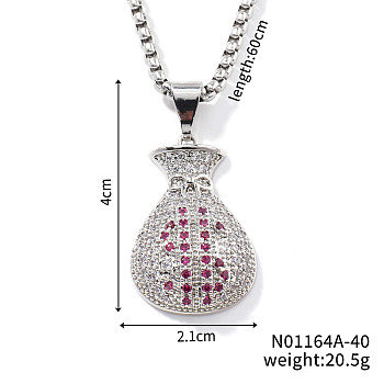 Fashion Hip-hop Street Style Brass Old Rose & Clear Cubic Zirconia Money Bag Pendant Box Chain Necklaces, Platinum, 23.62 inch(60cm)