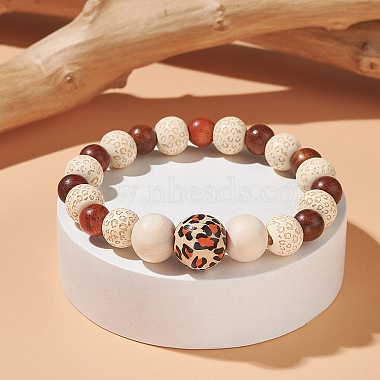 Natural Wood Round Beaded Stretch Bracelet for Women(BJEW-JB09352)-4