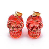 Electroplate K9 Glass Pendants, with Golden Plated Brass Bails, Drawbench, Skull, Halloween, Red, 25x26~27x19mm, Hole: 5x3mm(EGLA-N009-001-G01)