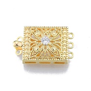 Brass Pave Clear Cubic Zirconia Box Clasps, Multi-Strand Clasps, 3-Strands, 6 Holes, Rectangle, Real 18K Gold Plated, 14x22.9x6.7mm, Hole: 1.2mm(KK-G432-08G)