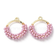 Brass Ring with Seed Beaded Pendants, Donut Charms, Pearl Pink, 25x24x5.5mm, Hole: 1.6mm(GLAA-K060-06G-02)