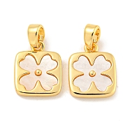 Natural Shell & Brass Square with Flower Charms with Snap on Bails, Real 18K Gold Plated, 13x10x3mm, Hole: 4x2mm(KK-P275-05G)